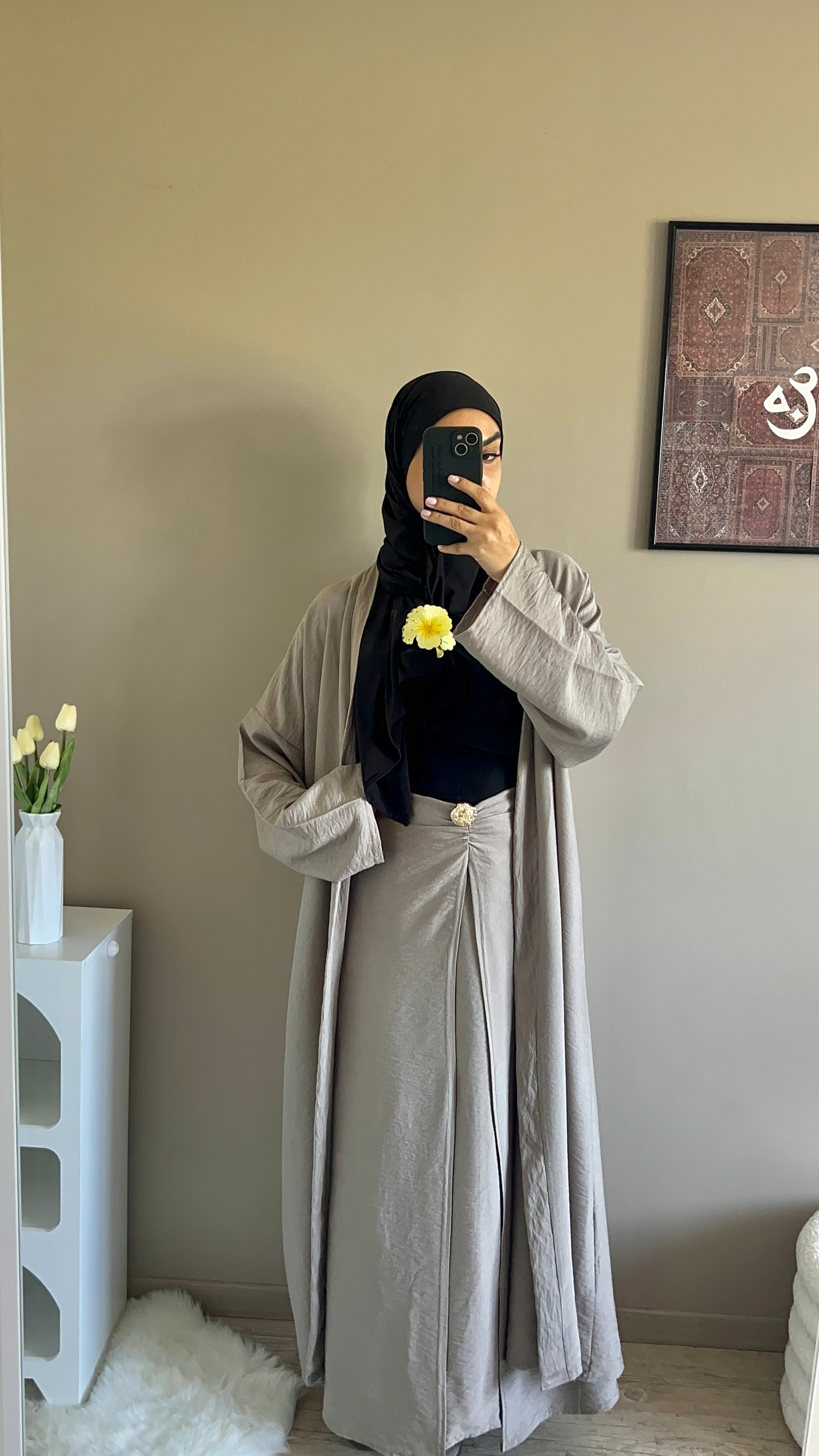 Ensemble Long Kimono & Jupe – Détail Doré - Beige